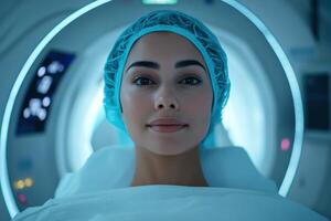 Patient in a medical MRI scanner during a nighttime exam photo
