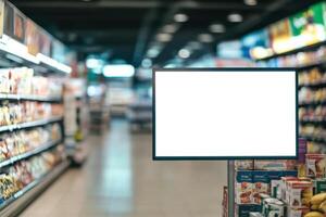 A blank display shines in a busy grocery aisle photo