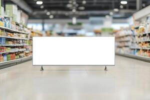 Empty advertising display in a grocery store aisle photo