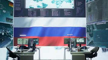 Empty military command center drone control agency with the russian flag on big screen, spreading misinformation and fake news to scare the population. Russian federation army. Camera B. photo