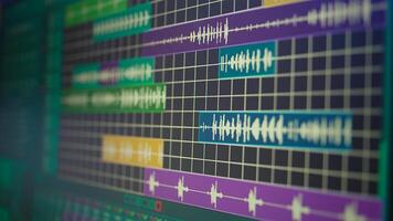 Empty desk equipped with mixing console and music recording tools in home studio, professional equipment used in producing and creating soundtracks. Stereo amplifier and equalizer. photo