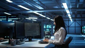 Data center network engineer designing, implementing and managing infrastructure to ensure optimal performance and reliability. IT expert in server room coding on computer, camera B photo