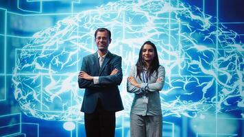 Portrait of cheerful team of admins using artificial intelligence computing simulating human brain. Smiling colleagues working with AI machine learning algorithms, camera B photo