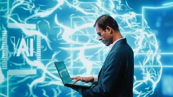 Computer scientist solving tasks on laptop, running artificial intelligence programming scripts. Engineer manipulating lines of code for AI applications development, camera A photo