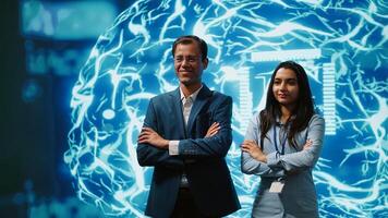 Admins using artificial intelligence computing simulating human brain thought processes in computerized model. Portrait of employees working with AI machine learning algorithms, camera A photo