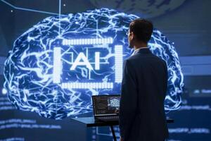 System administrator uses neural networks modeled after human brain to solve complex issues. AI researcher in modern workspace using artificial intelligence to look at data photo
