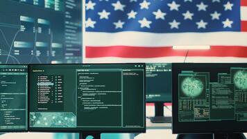 High tech cybersecurity room with American flag shown on big screen, governmental cyber operations. Data protection, global surveillance and cyber intelligence to guard national security. Camera A. photo