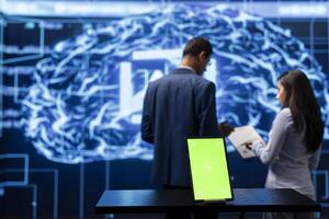 Technicians using green screen tablet and AI neural networks modeled after human brain to solve complex problems. Workers using artificial intelligence and mockup device to look at company data photo