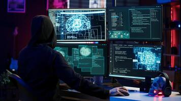 Hacker running artificial intelligence spyware software designed to gather information from users computers without their knowledge. Scammer commits fraud using AI, camera A photo