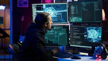 Hacker using AI technology to target vulnerable unpatched connections to steal data. Cybercriminal using artificial intelligence to compromise digital devices and gain illicit info, camera A photo