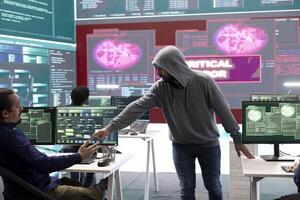 IT specialists receiving error messages on a big screen after trying to hack a government system, failing to steal important information for cyber warfare tactics. Frustrated hackers. photo
