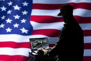 CIA agent isolated over United States flag combating organized crime and terrorism using detection system on notebook. American officer protecting territorial integrity by tracking terrorists photo