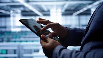 Software developer does yearly checkup using tablet to prolong data center electronics life span. Close up shot of worker in server room monitoring server infrastructure using digital device, camera B photo