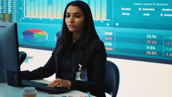 Indian company analyst reviews feedback on sales and orders to work on future improvements, working with statistics on a big screen. Developing marketing and PR strategies. Camera A. photo