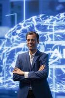 Portrait of smiling technician running artificial intelligence programming scripts in modern lab. Joyful admin working in IT department tasked with AI applications development photo