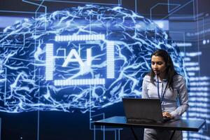 Speaker talking in online webinar, exploring ways AI can positively enhance companies workforce. Presenter promoting artificial intelligence solutions during internet presentation photo