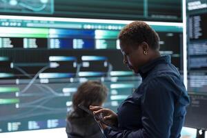 Governmental hackers execute cyber attacks by breaking passwords, compromising online security. Specialists infiltrate digital networks, breaching security protocols. Cyber surveillance. photo