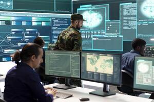 Military IT experts working on cyber security in a high tech government office. Focusing their duty on network protection, encryption and safeguarding state secrets from digital mercenaries. photo