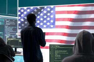 A technical team in a governmental cyber environment with the USA flag. Focus on cybersecurity strategy, threat management and secure operations for national security and digital defense. photo