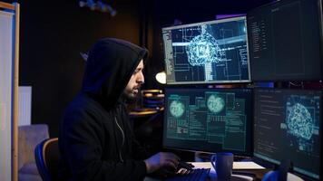 Evil cybercriminal using AI deep learning to produce virus corrupting data. Rogue programmer working on PC using artificial intelligence technology, penetrating security systems, camera B photo