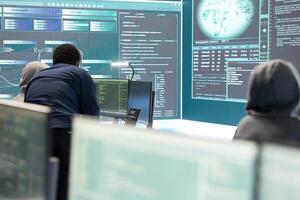 Cyber intelligence specialist examines data on big screen in a governmental agency, focusing on cyber defense and protection against cyber attacks. Private information in hybrid war. photo