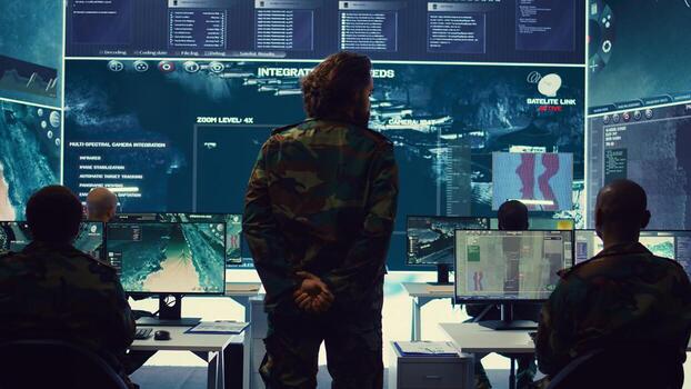 Sergeant major of the army handling a secret service operation by gathering intelligence from field troops and satellite CCTV imagery. Conducting a reconnaissance mission in command post. Camera B. photo