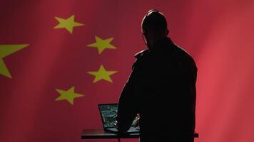 Chinese army communication systems operator using radio and satellite equipment, providing combat support. Military dispatcher managing communications networks, isolated over China flag, camera A photo