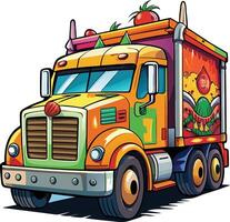 A cartoon truck with fruit and vegetables on the back vector