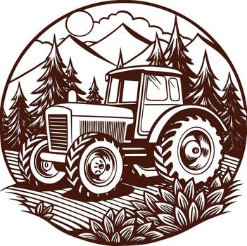 Tractor on the field with mountains in the background vector