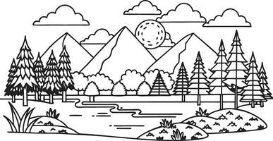 A coloring page with a mountain landscape and trees vector