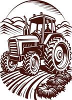 Tractor on the field with mountains in the background vector