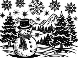A black and white drawing of a snowman in the forest vector
