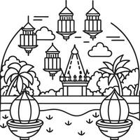 An illustration of a temple and palm trees vector