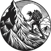 A man with a backpack is climbing a mountain in a circle vector