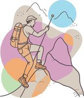 A man with a backpack and hiking poles on top of a mountain vector
