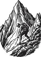 A man hiking up a mountain in a woodcut style vector