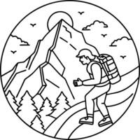 A man hiking in the mountains with a backpack vector