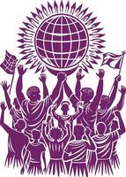 A group of people holding up a globe vector