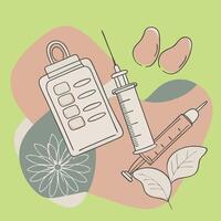 An illustration of a syringe, a syringe, and a flower vector
