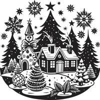 Christmas house in the forest with snowflakes and trees vector