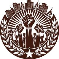 A black and white image of a clenched fist with a city in the background vector