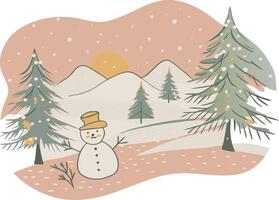 A snowman in the snow with pine trees and mountains vector