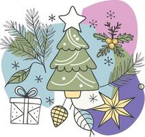 Christmas tree, star, and other decorations on a white background vector