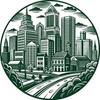A cityscape with buildings and trees in the background vector