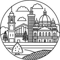 A city skyline with buildings and trees in a circle vector