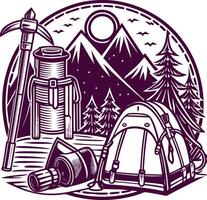 Camping equipment and tent in the woods vector