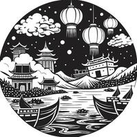 Chinese lanterns and boats in the night sky vector