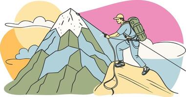 A man with a backpack is standing on top of a mountain vector