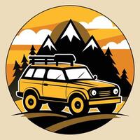 Journey with an Adventure Car in the Mountain Wilderness vector