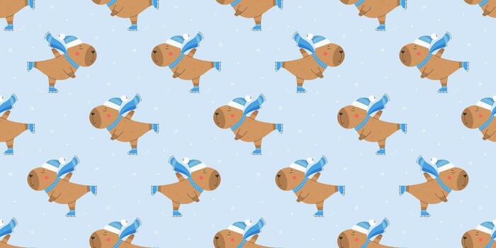 Seamless pattern with ice skating capybara vector